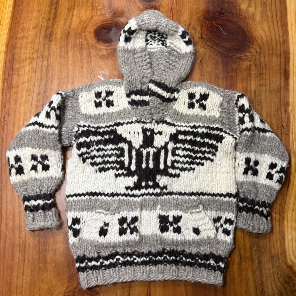 Vintage Cowichan Sweater Hoodie Wool Pullover Hooded Bird Unisex XS Eagle Native
